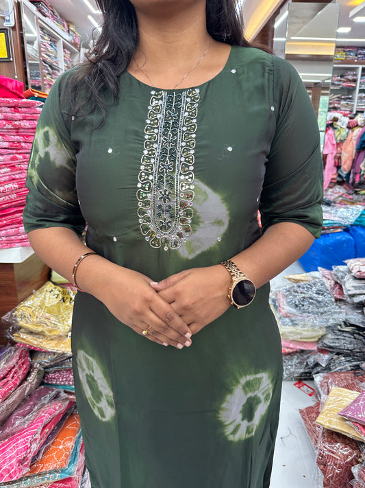 Silk Georgette Bottle Green Tie & Dye Kurthi