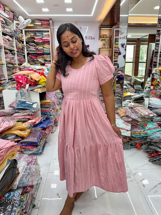 Solid Pastel Pink Cotton Puff Midi dress