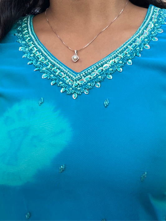 Silk Georgette Turquoise Blue V Neck Tie & Dye Flower Kurthi