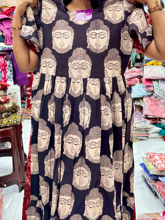 Kalamkari Cotton Puff Midi - Black Buddha