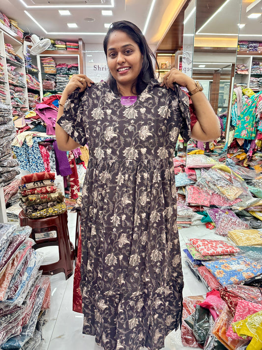 Kalamkari Cotton Puff Midi Black lotus