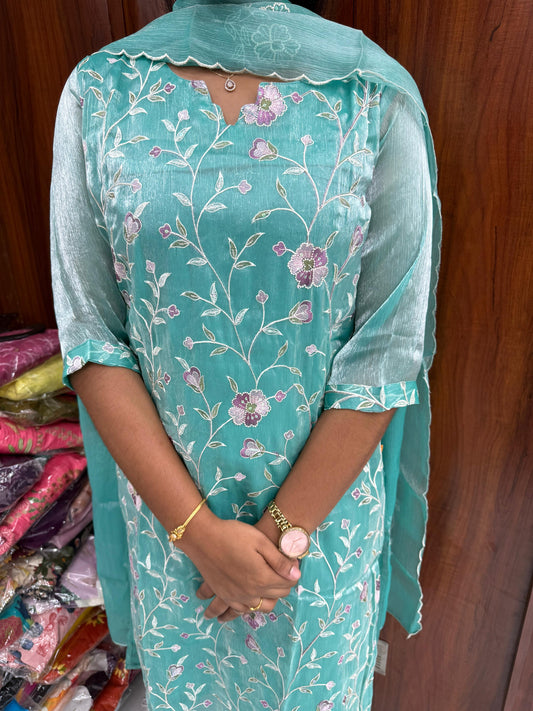 Printed Organza Sky Blue Embroidery Set Premium Party wear