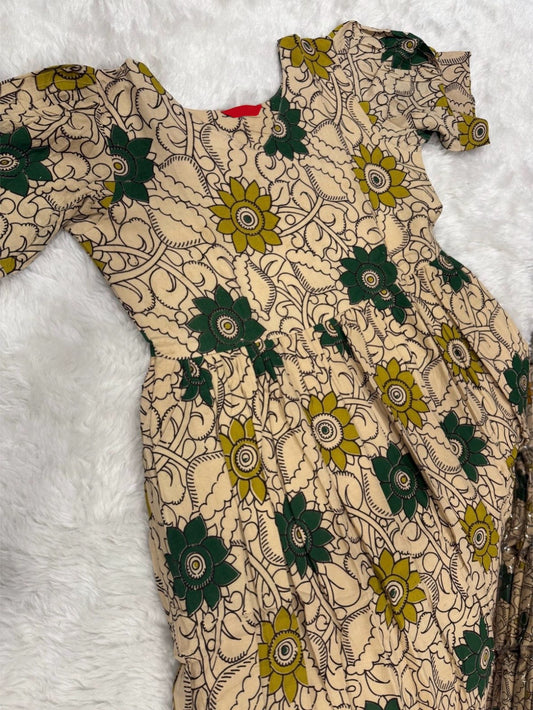 Kalamkari Cotton Puff Midi - Green Sun Flower