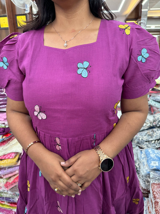 Butterfly Puff Wine Midi dress