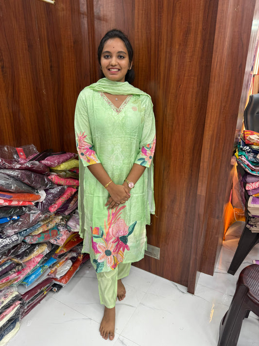 Pure Muslin Florescent Green Set Premium Party wear