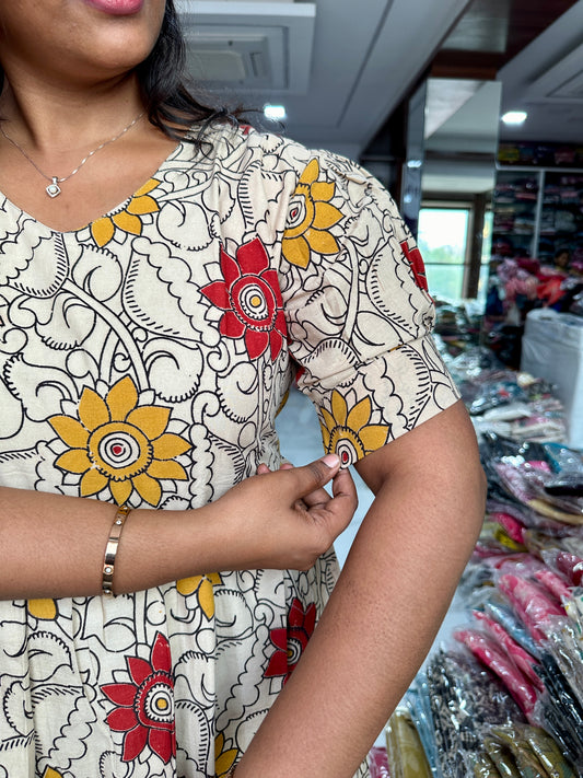 Kalamkari Cotton Puff Midi - Red Sun Flower