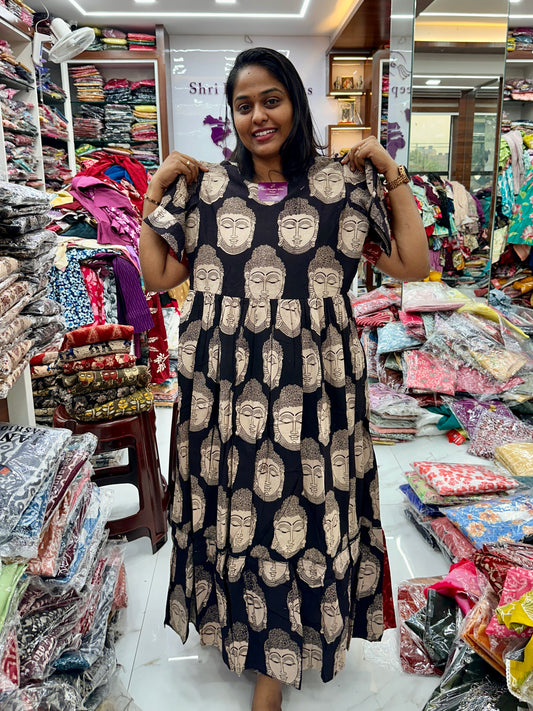 Kalamkari Cotton Puff Midi - Black Buddha