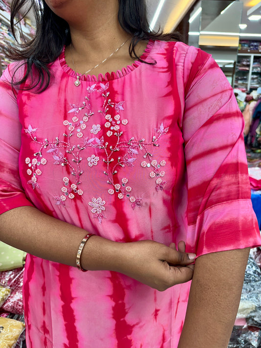 Silk Georgette Baby Pink Tie & Dye Kurthi