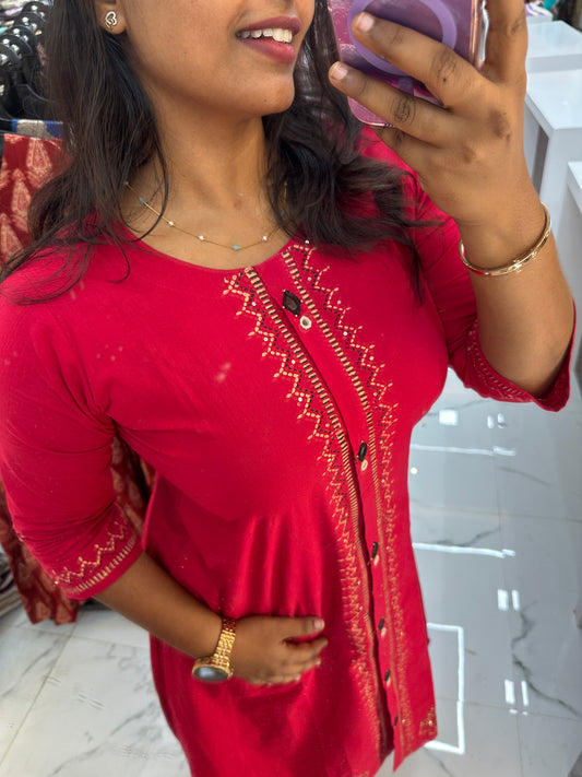 Handcrafted Khadi Aline Co Ord Set Red - JVKC01