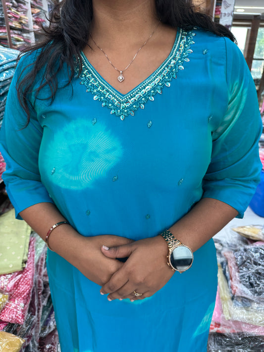 Silk Georgette Turquoise Blue V Neck Tie & Dye Flower Kurthi