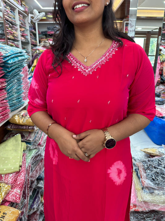 Silk Georgette Rani Pink Tie & Dye V Neck Kurthi