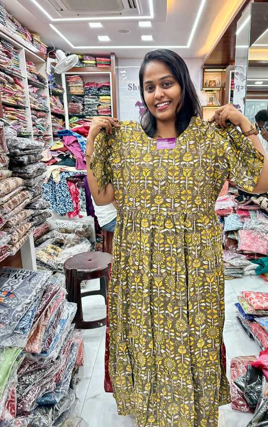 Kalamkari Cotton Puff Midi Olive