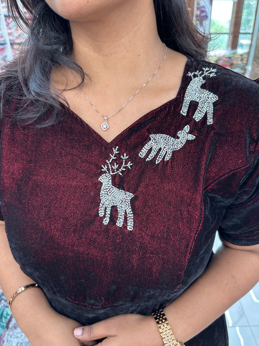 Reindeer Velvet Midi Dress Maroon