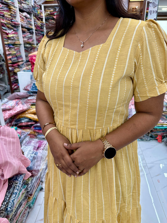 Solid Pastel Yellow Cotton Puff Midi dress