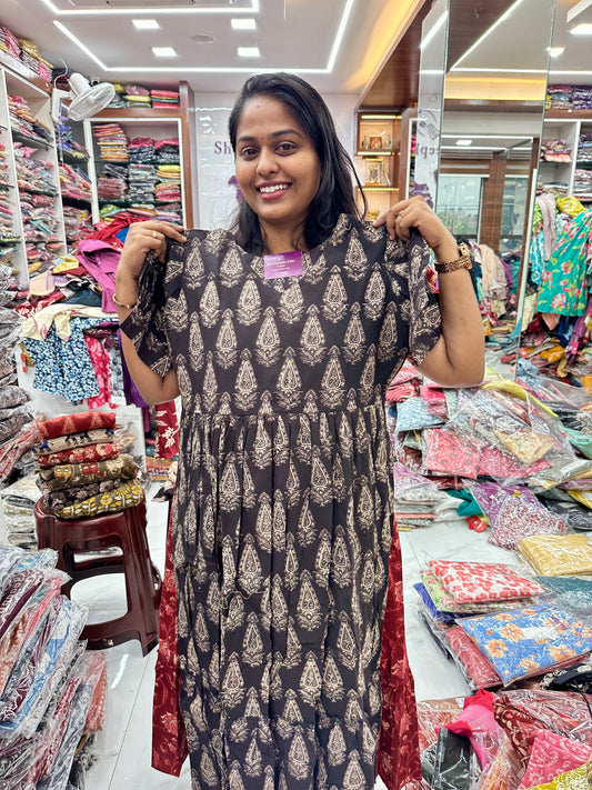 Kalamkari Cotton Puff Midi - Black Thilak