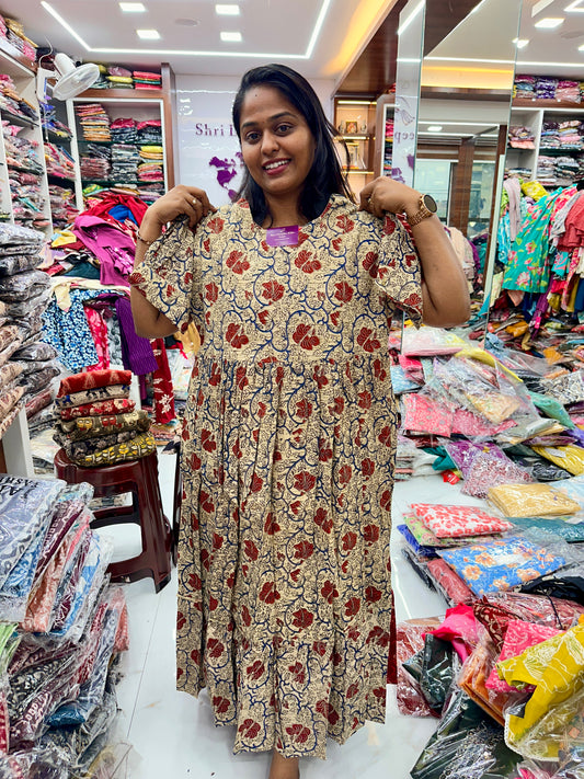 Kalamkari Cotton Puff Midi - Cream hibiscus