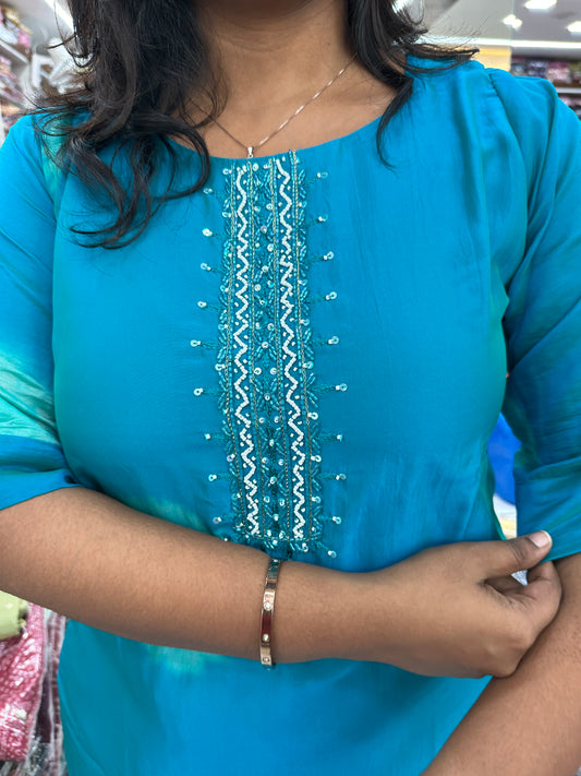 Silk Georgette Turquoise Blue Round Neck Tie & Dye Flower Kurthi