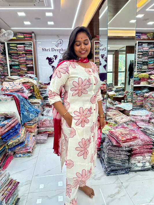 Co Ord Set Red Crochet Floral print with Dupatta