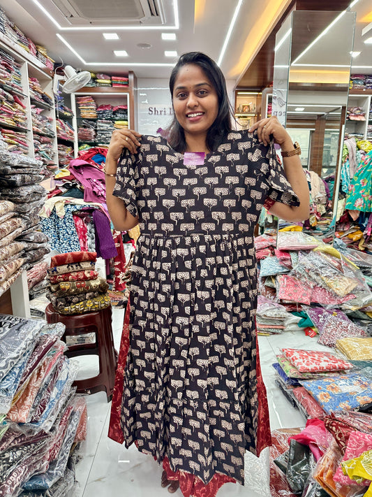 Kalamkari Cotton Puff Midi - Black Tree