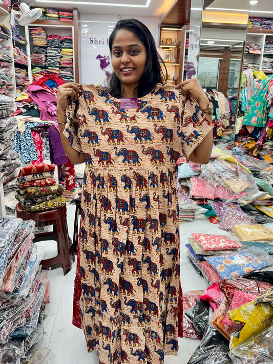 Kalamkari Cotton Puff Midi - Red Elephant