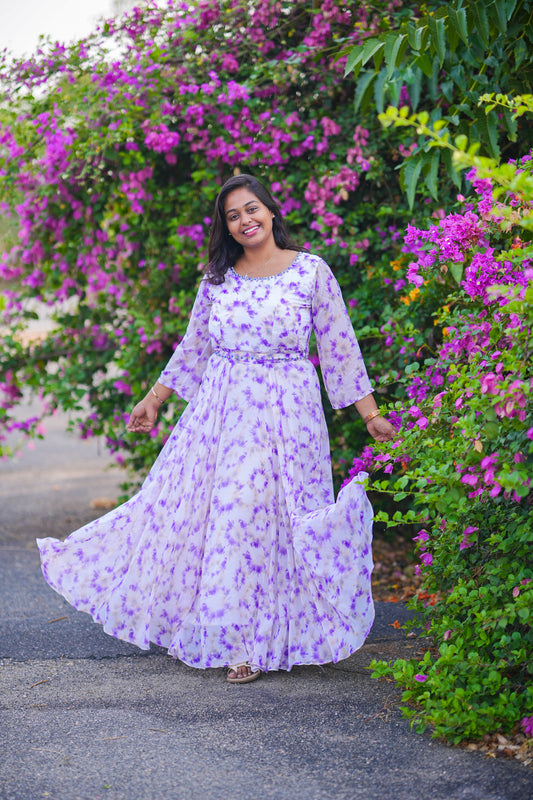 White Florals Violet Georgette Premium Maxi