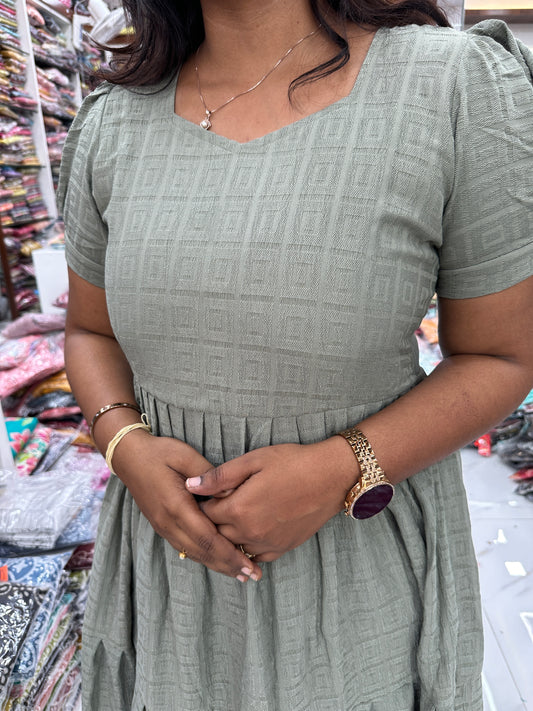 Square Pastel Olive Cotton Puff Midi dress