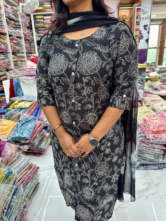 Co Ord Set Black White Floral print with Dupatta
