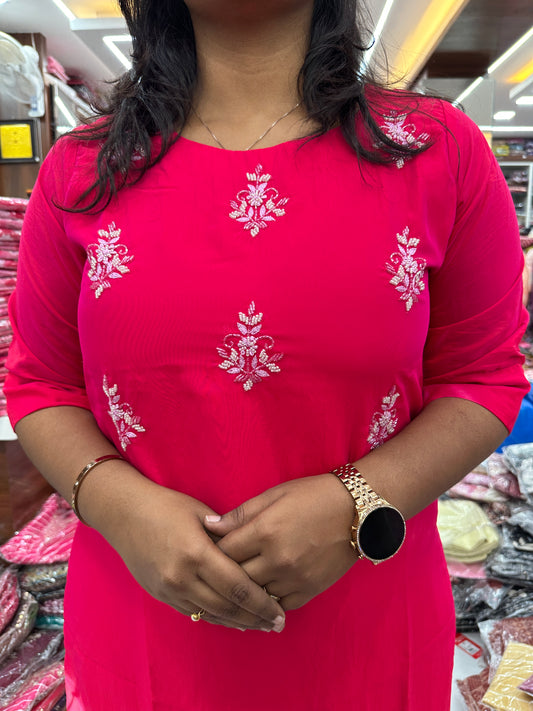 Silk Georgette Rani Pink Tie & Dye Flower Kurthi