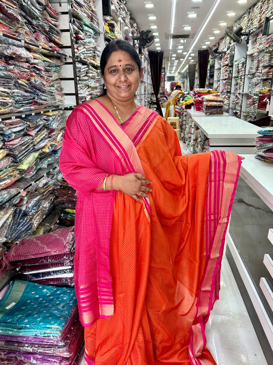 Pure Checks Silk Saree orange - M003