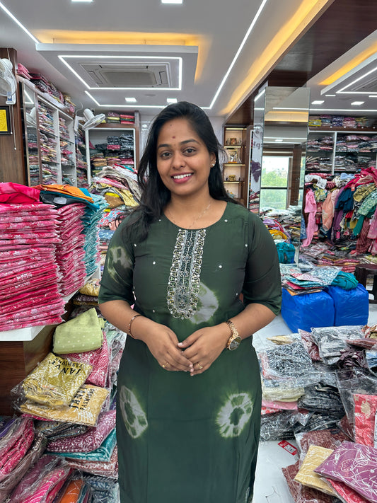 Silk Georgette Bottle Green Tie & Dye Kurthi