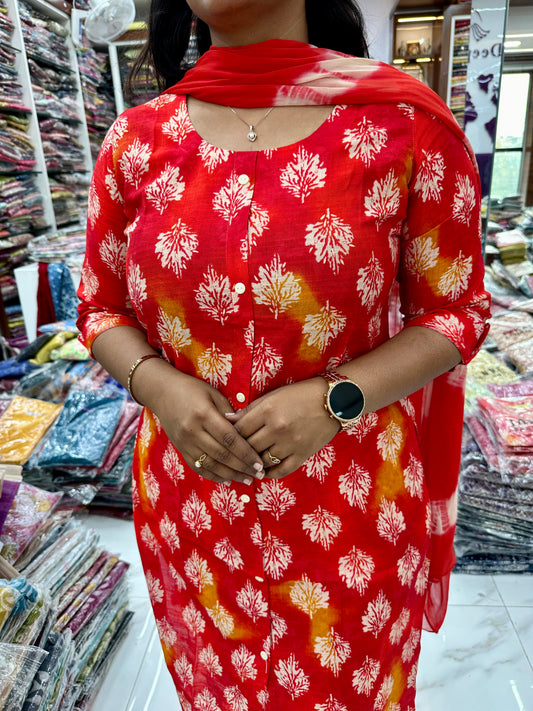 Co Ord Set Sunshine Red Floral print with Dupatta