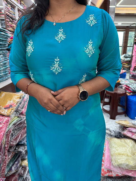 Silk Georgette Turquoise Blue Tie & Dye Flower Kurthi