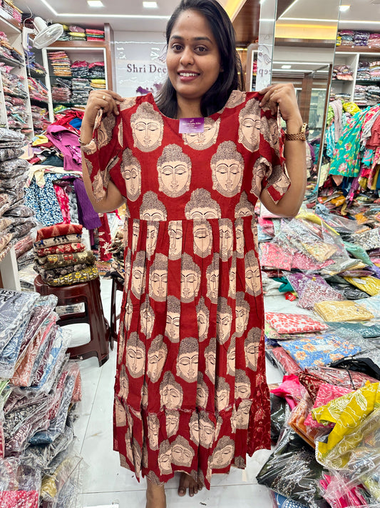 Kalamkari Cotton Puff Midi - Red Buddha