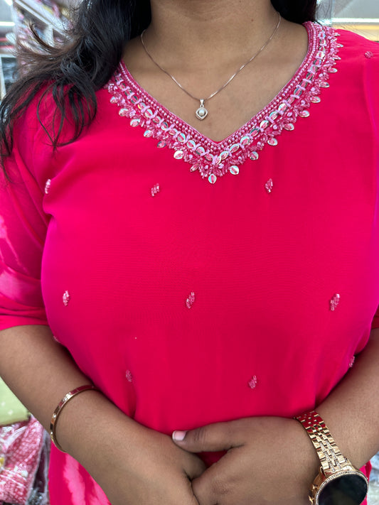 Silk Georgette Rani Pink Tie & Dye V Neck Kurthi