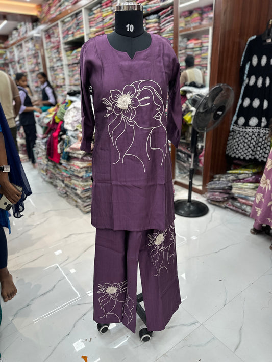 Short Co- Ord set Girl Face Embroidery