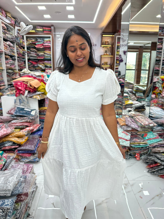 Square Pastel white Cotton Puff Midi dress