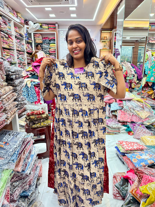 Kalamkari Cotton Puff Midi - Blue Elephant