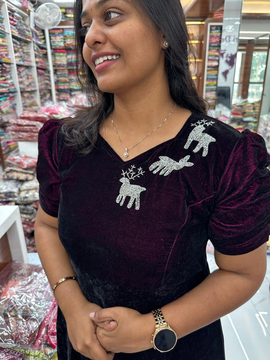 Reindeer Velvet Midi Dress Purple