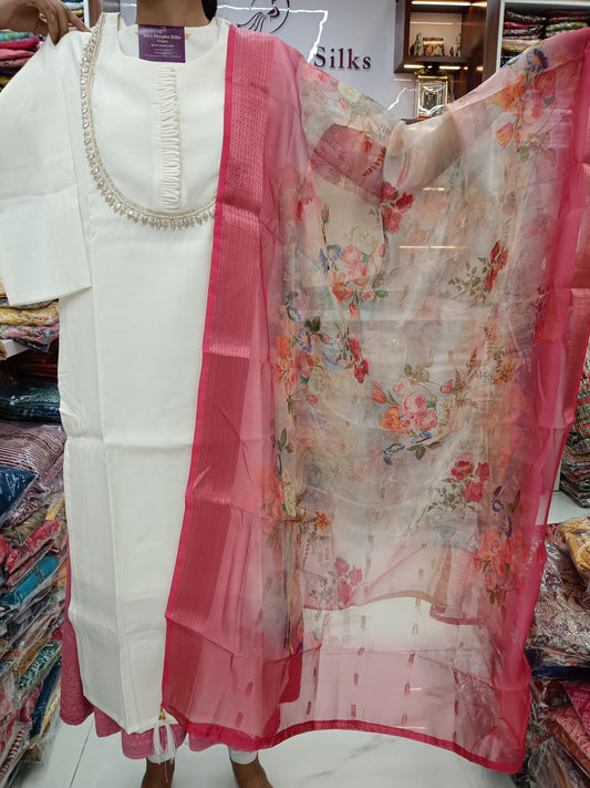 Cream White & Pink Organza Dupatta 3 Pcs Salwar Set - JVSS13