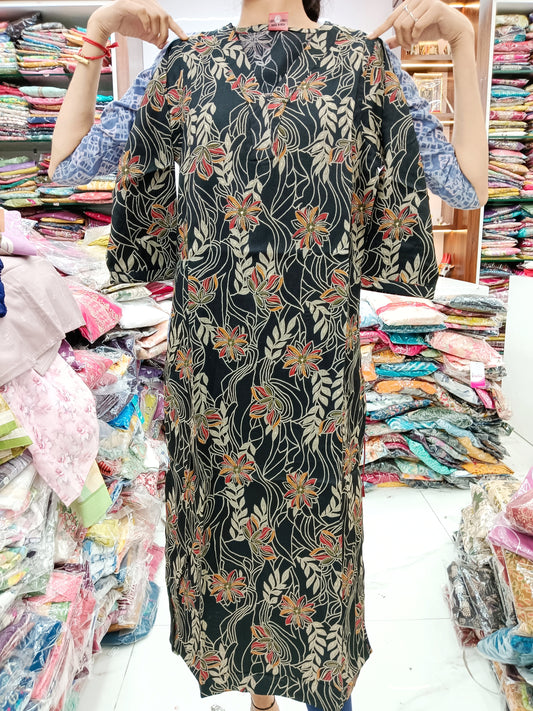 Spun Cotton Kurti - Black Leafs