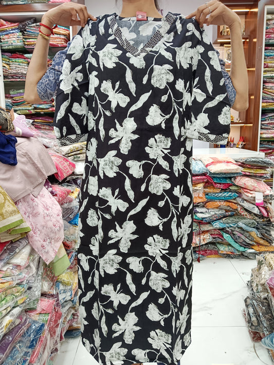 Spun Cotton Kurti - Black Leaves