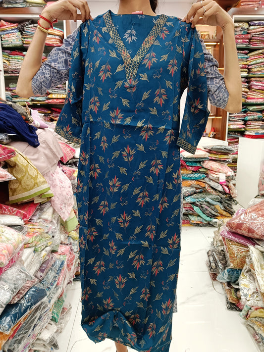 Spun Cotton Kurti - Blue Leaves