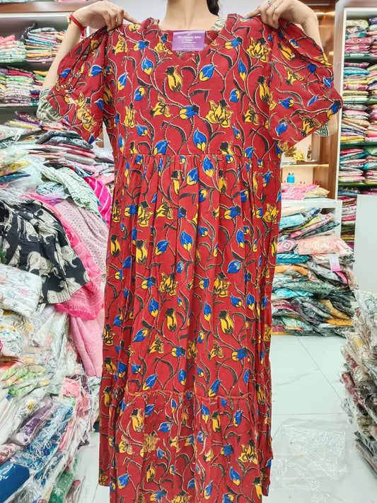 Kalamkari Cotton Puff Midi Maroon Floral