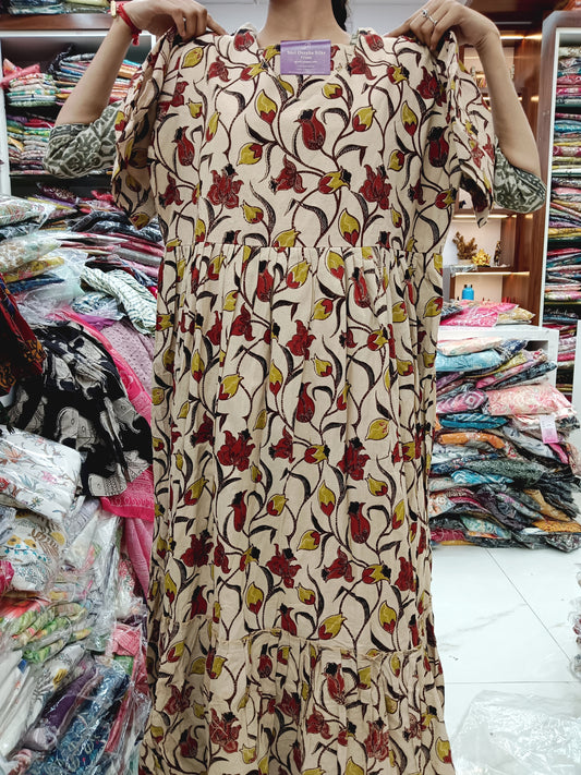 Kalamkari Cotton Puff Midi Cream Floral