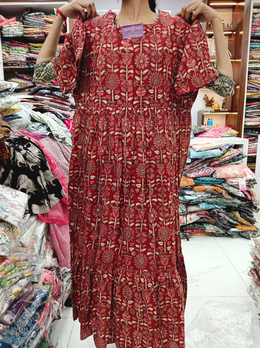 Kalamkari Cotton Puff Midi Maroon
