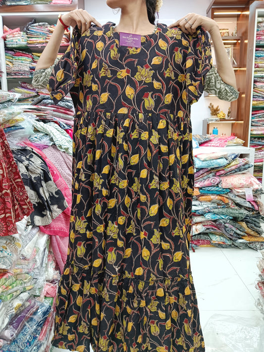 Kalamkari Cotton Puff Midi Black Floral