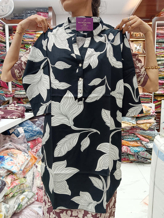 Spun Cotton Short Top - Black Leaves