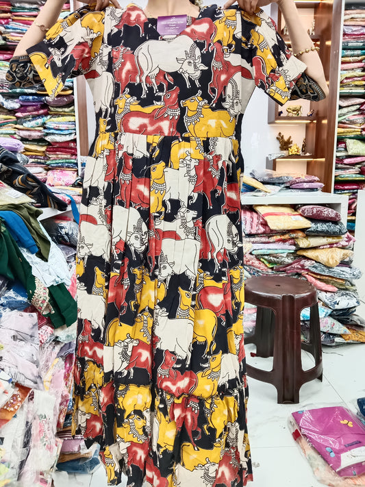 Kalamkari Cotton Puff Midi - Black