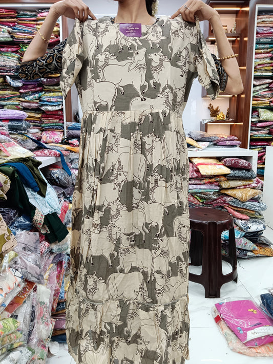 Kalamkari Silk Puff Midi - Grey
