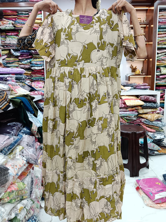 Kalamkari Silk Puff Midi - Green